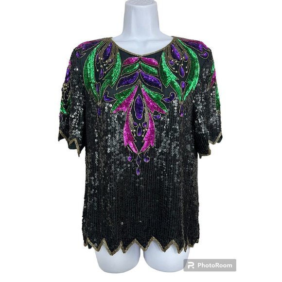 Vtg 80s Beaded Sequin Top Sz Small Black Jewel Tones S Mob Wife Festive Glam - Picture 1 of 9